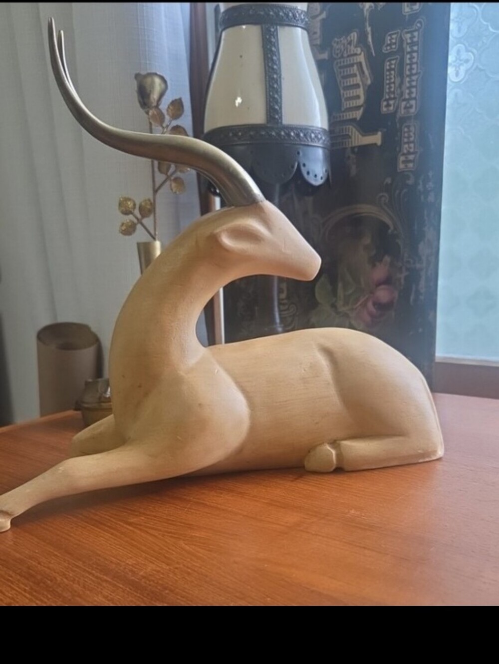Vtg 1983 Dara Style wood Brass antlers laying Gazelle deer statue